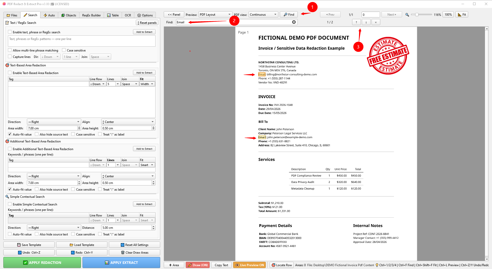 Live Preview showing search-based redaction