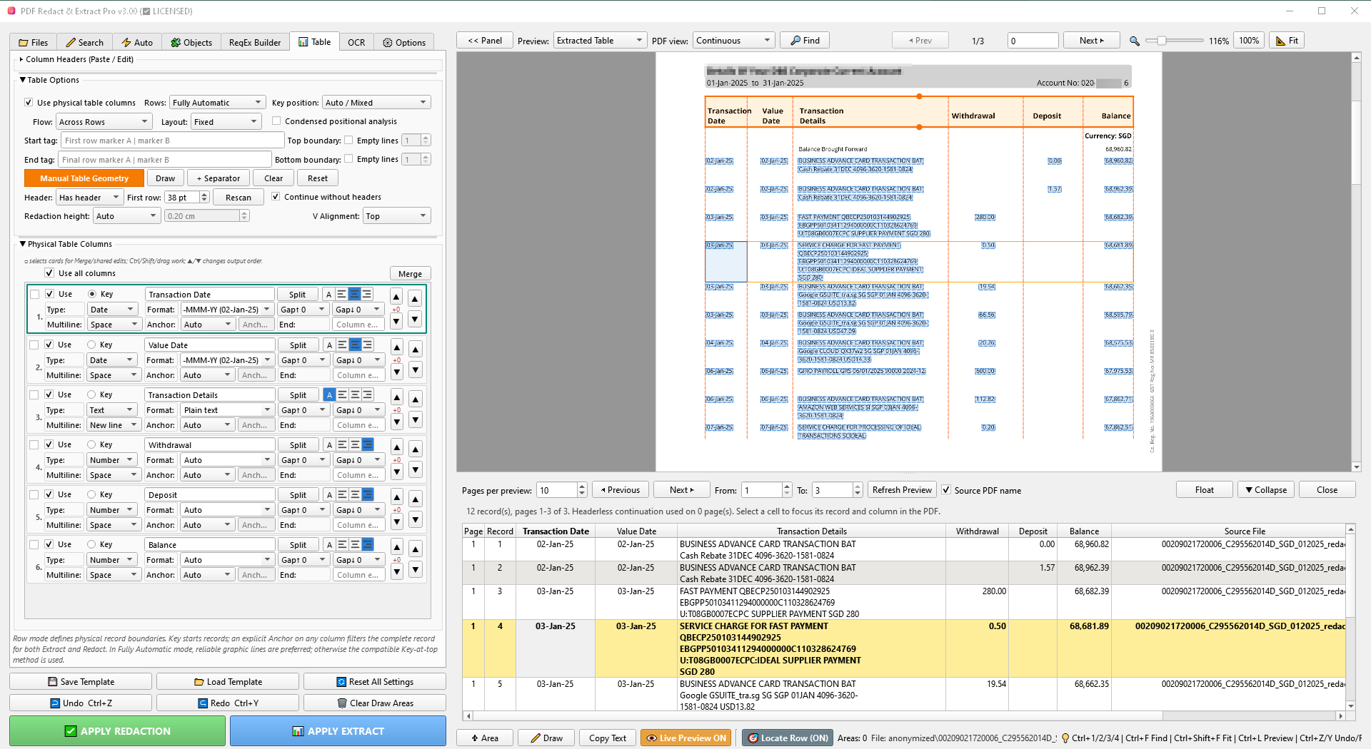 Table workspace in PDF Redact & Extract Pro v3.0