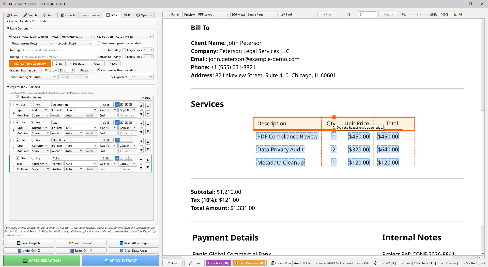 Draggable table header line