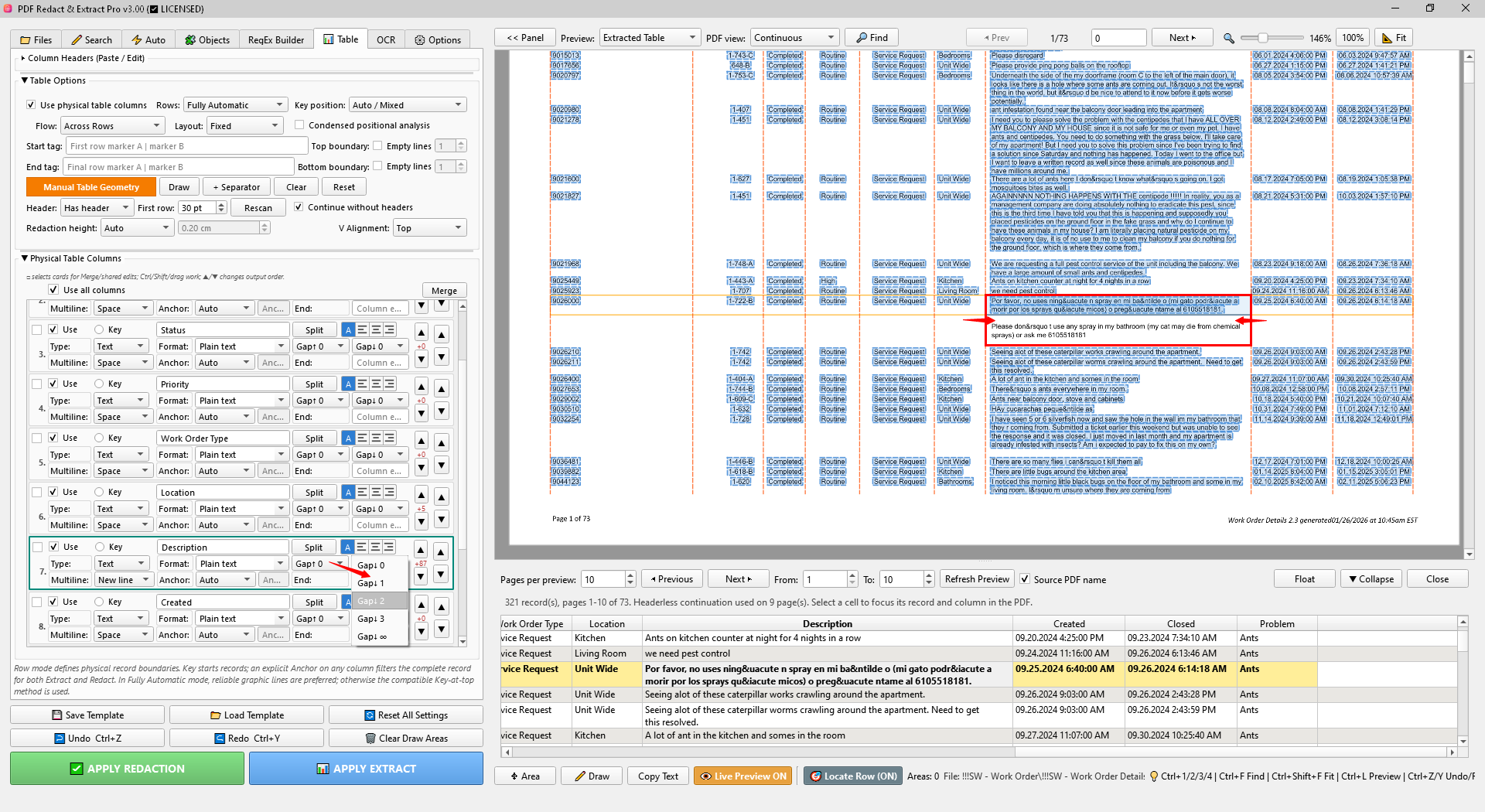 Table multiline and gap settings