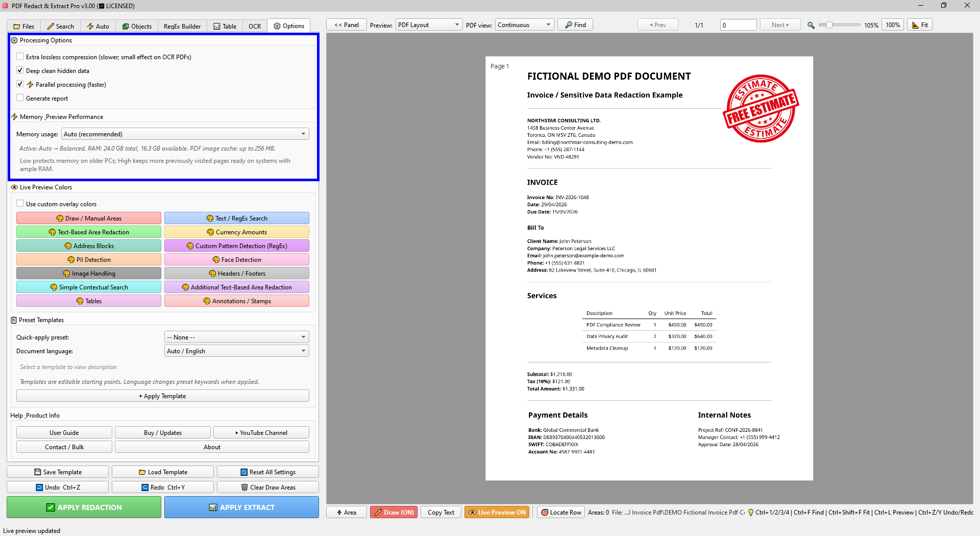 Options and processing settings